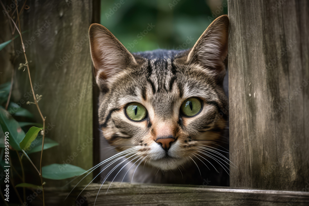  Feline Observer. Charming scene featuring a tabby cat with inquisitive eyes, peering through a small opening in a wooden fence. Pet concept AI Generative