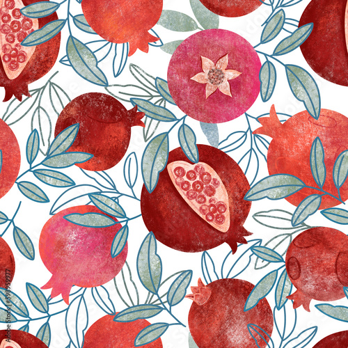 Seamless pattern with pomegranate fruit and leaves
