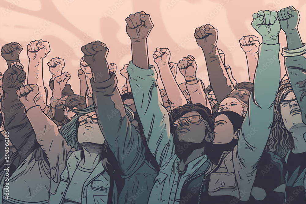 group of people with fists rising in a human rights demonstration ...