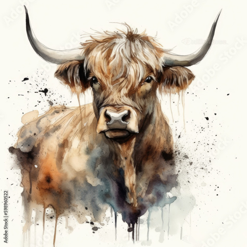 Watercolor style highlander cow scotland, generative ai