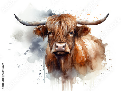 Watercolor style highlander cow scotland, generative ai photo