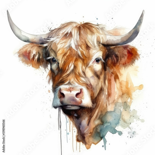 Watercolor style highlander cow scotland, generative ai