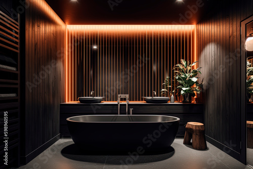 A black bath tub sitting in a bathroom. Generative AI