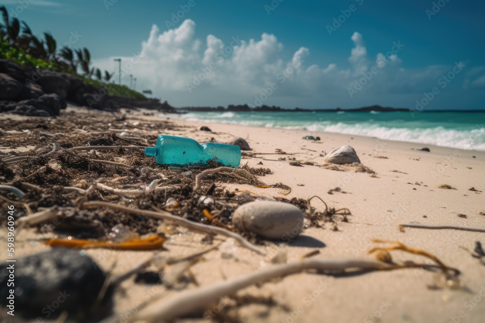 Plastic trash on the beach. Concept of environmental pollution and ecology. caribbean beach littered with plastic. generative AI