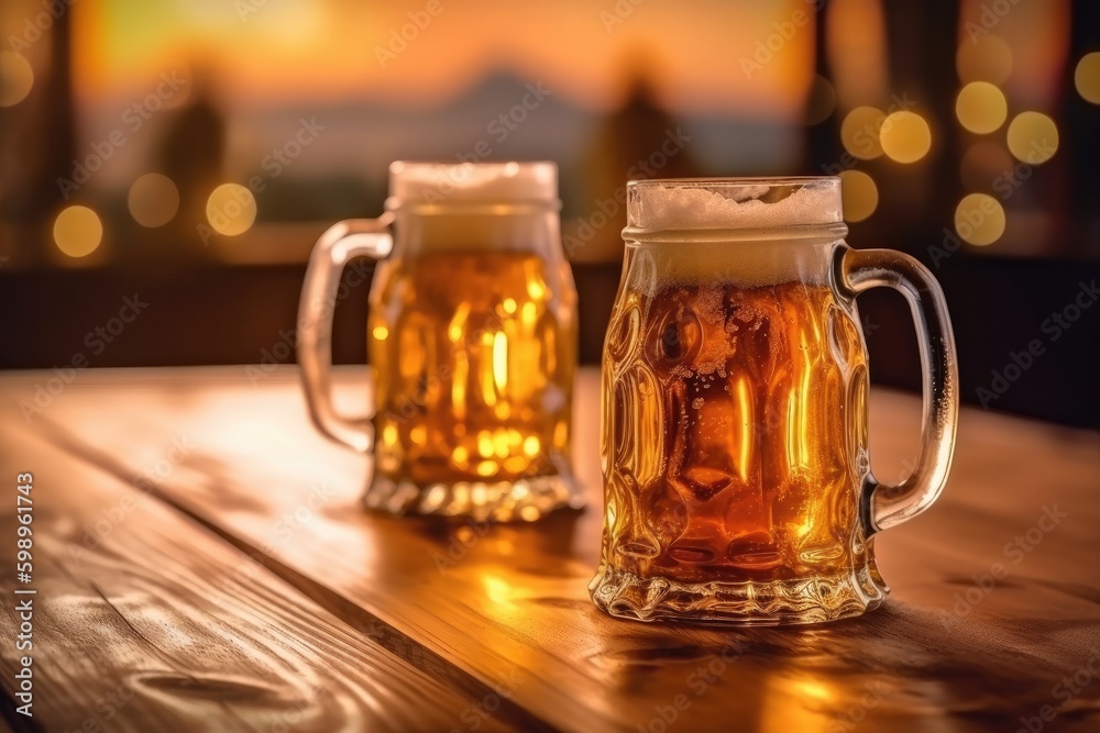 pint on a wooden table in the golden light of a summer sunset with generative ai