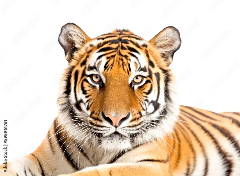 Close-up of a tiger on a white background. Generative AI.