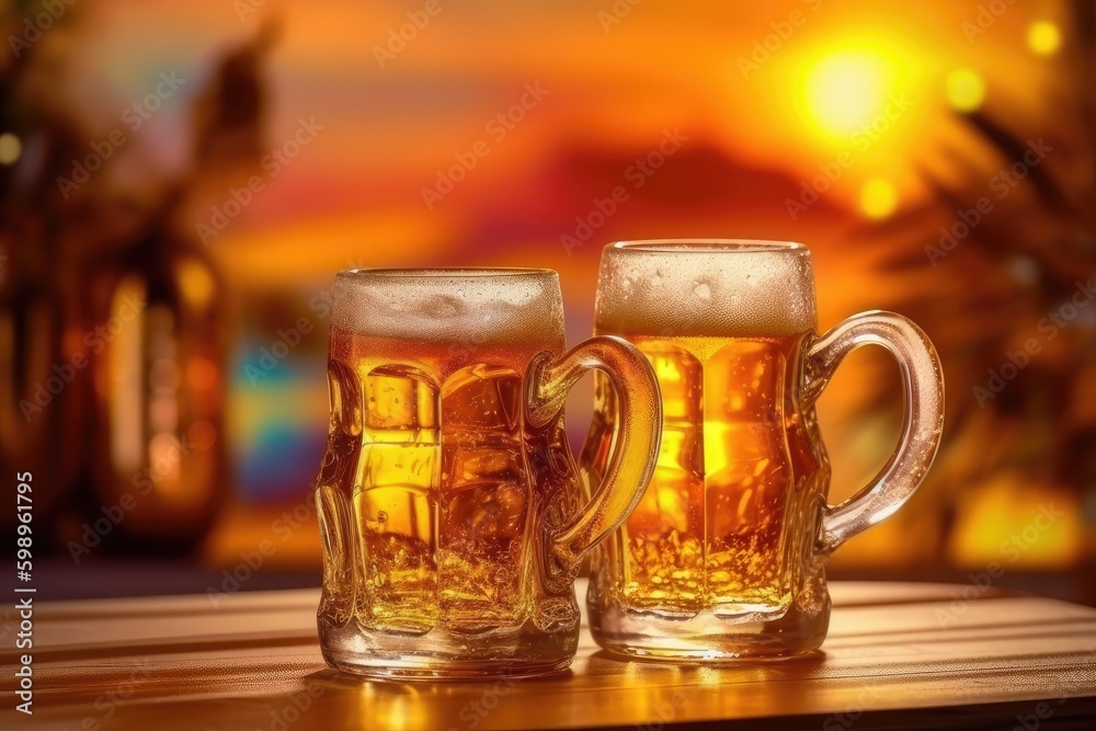 pint on a wooden table in the golden light of a summer sunset with generative ai