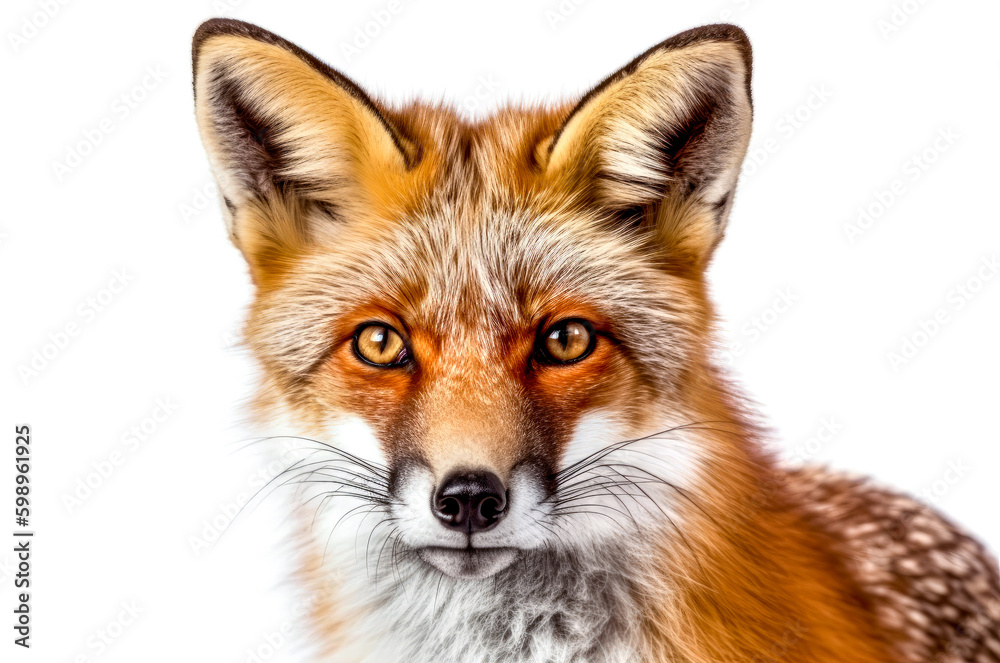 Close-up of a red fox, Vulpes vulpes, isolated on white background. Generative AI. Close-up of a red fox, Vulpes vulpes, isolated on white background. Generative AI.