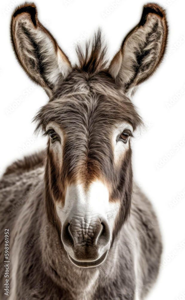 Portrait of a donkey on a white background, close-up. Generative AI.