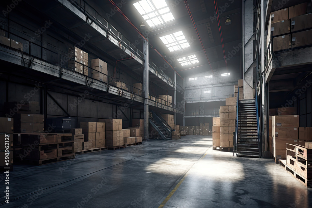 modern warehouse with shelves and stock. Generative AI
