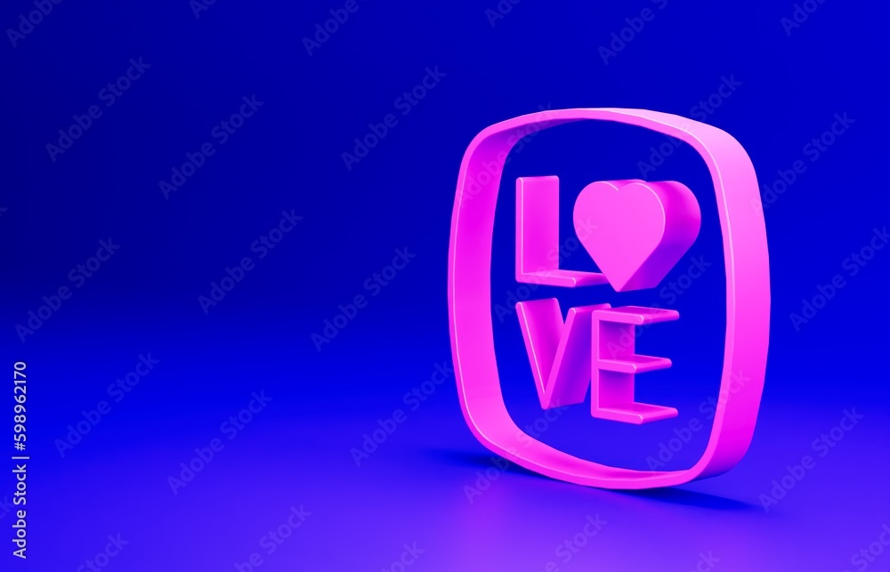 Pink Love text icon isolated on blue background. Valentines day greeting card template. Minimalism concept. 3D render illustration