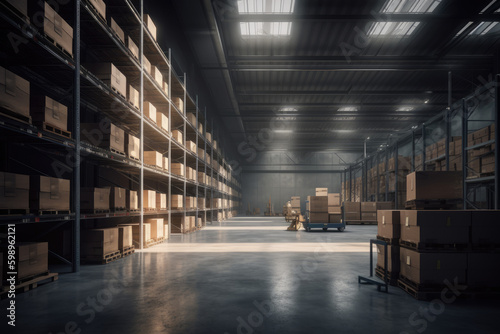 modern warehouse with shelves and stock. Generative AI