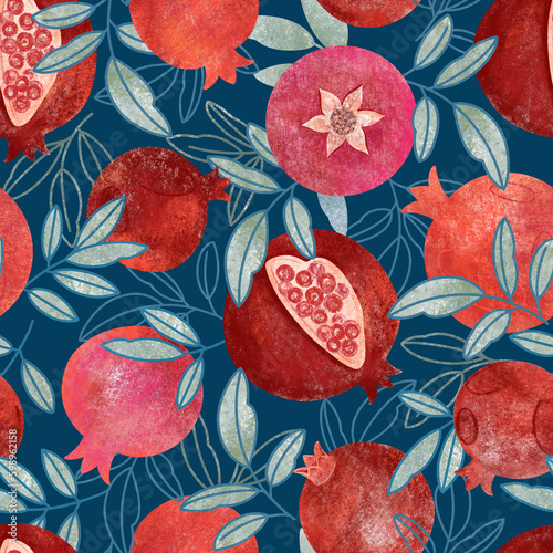 Seamless pattern with pomegranate fruit and leaves on a blue background