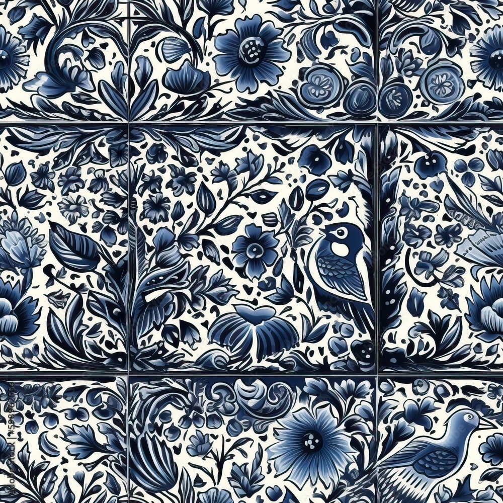 Hispanic traditional ceramic tile in blue and white, generative ai