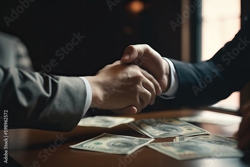 Shady deal with handshake and cash, generative ai photo