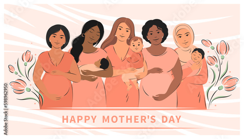 Happy mother's day. Group of pregnant women and women with children. Vector illustration
