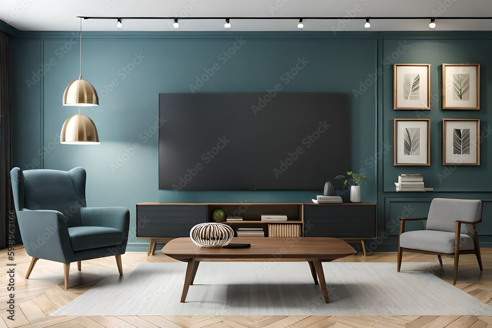 Upgrade Your Space: A Living Room Interior Mockup with Big TV on Cabinet and Dark Wall Background Upgrade Your Space: A Living Room Interior Mockup with Big TV on Cabinet and Dark Wall Background