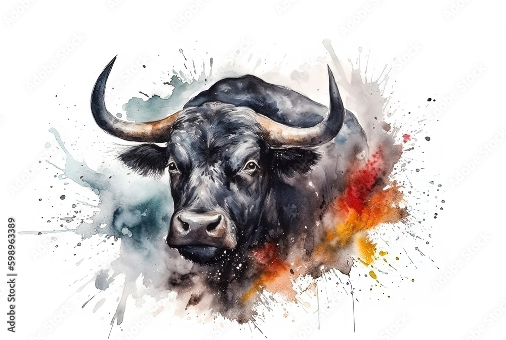 Black spanish bull watercolor with dynamic splashes. Generated ai.