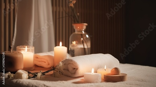 A towel surrounded by candles in a dark room. Generated ai.