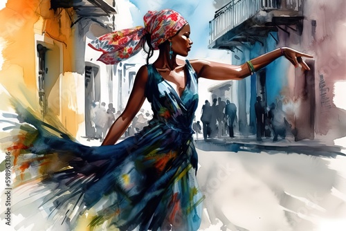 Watercolor image of a beautiful cuban woman dancing on a street. Generated ai. photo