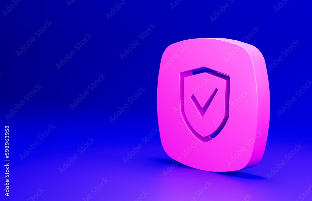 Pink Shield icon isolated on blue background. Insurance concept. Guard sign. Security, safety, protection, privacy concept. Minimalism concept. 3D render illustration