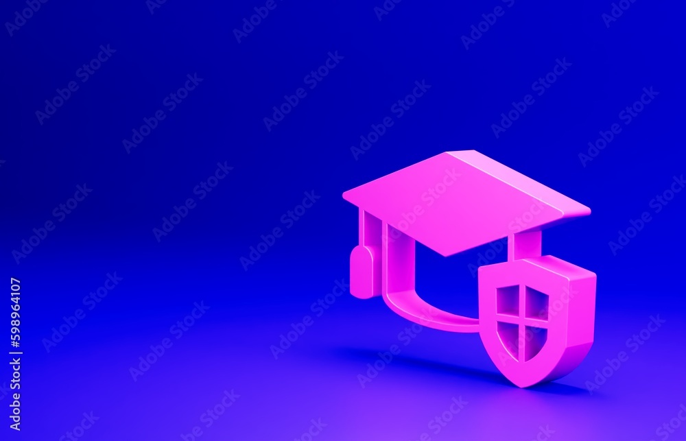 Pink Graduation cap with shield icon isolated on blue background. Insurance concept. Security, safety, protection, protect concept. Minimalism concept. 3D render illustration Pink Graduation cap with shield icon isolated on blue background. Insurance concept. Security, safety, protection, protect concept. Minimalism concept. 3D render illustration
