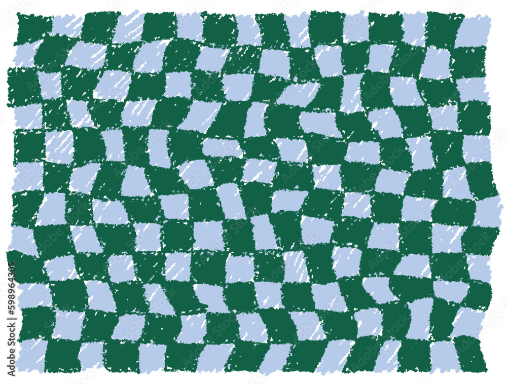 Hand drawn groovy green blue checkerboard checkered pattern textile in color pencil style