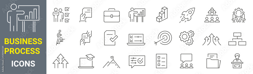 set of 24 icons Business process. data processing related vector line icons. Contains such Icons as Filter, Gear, Scheme and more. Editable stroke