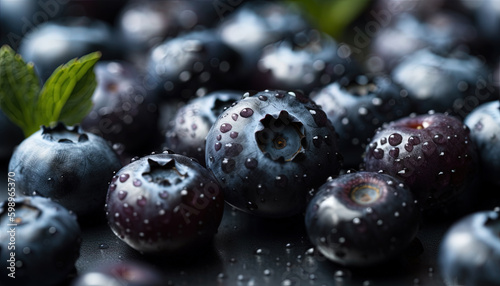 Water Drops on Fresh Blueberry Fruit As Background AI Generative