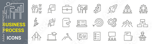 set of 24 icons Business process. data processing related vector line icons. Contains such Icons as Filter  Gear  Scheme and more. Editable stroke