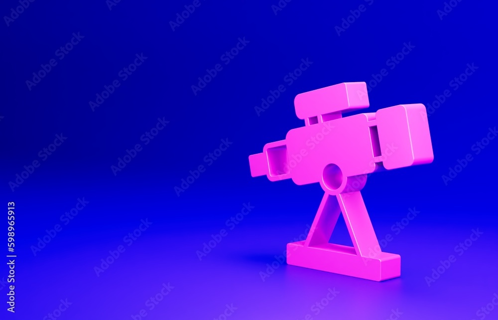 Pink Telescope icon isolated on blue background. Scientific tool. Education and astronomy element, spyglass and study stars. Minimalism concept. 3D render illustration Pink Telescope icon isolated on blue background. Scientific tool. Education and astronomy element, spyglass and study stars. Minimalism concept. 3D render illustration