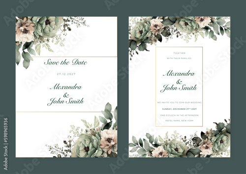 Green white orchid floral flower beautiful and elegant floral wedding invitation card template