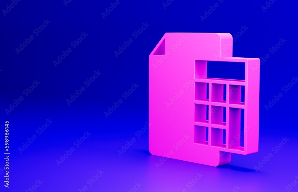 Pink Calculator icon isolated on blue background. Accounting symbol. Business calculations mathematics education and finance. Minimalism concept. 3D render illustration