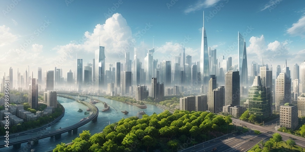 Fototapeta premium Digital illustration of a city with skyscrapers, generative AI