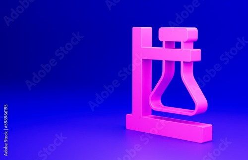 Pink Glass test tube flask on stand icon isolated on blue background. Laboratory equipment. Minimalism concept. 3D render illustration