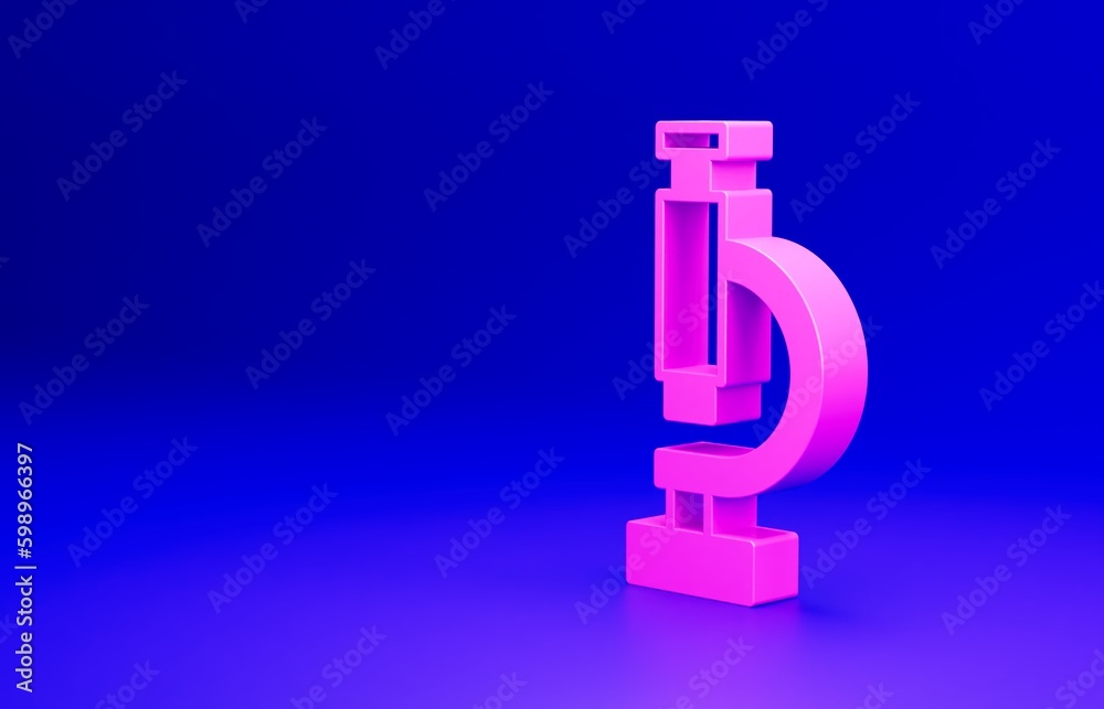 Pink Microscope icon isolated on blue background. Chemistry, pharmaceutical instrument, microbiology magnifying tool. Minimalism concept. 3D render illustration Pink Microscope icon isolated on blue background. Chemistry, pharmaceutical instrument, microbiology magnifying tool. Minimalism concept. 3D render illustration