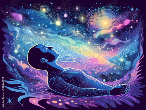The man is flying in dreams through the cloudy night sky. The opened arms. Freedom and dreaming concept Generative AI