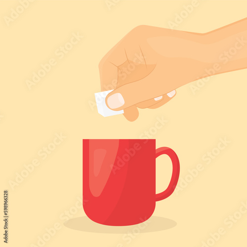 putting white sugar cube into coffee mug- vector illustration