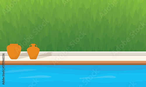 garden with swimming pool, green hedge and clay greek vase  - vector illustration