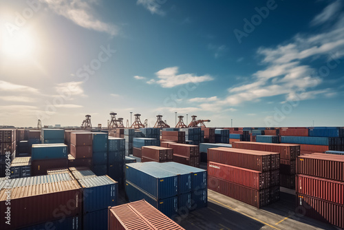 Fototapete Rows of cargo containers rest atop massive container ships docked at an industrial port