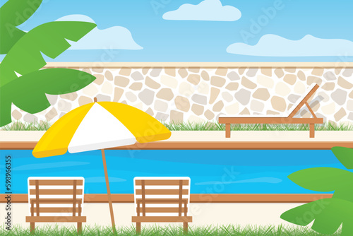 deck chairs, umbrella near the swimming pool in house backyard or hotel garden- vector illustration