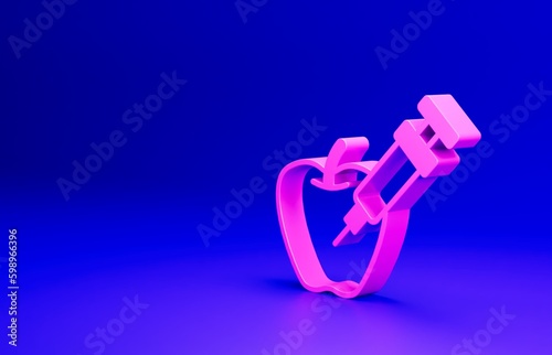 Pink Genetically modified apple icon isolated on blue background. GMO fruit. Syringe being injected to apple. Minimalism concept. 3D render illustration
