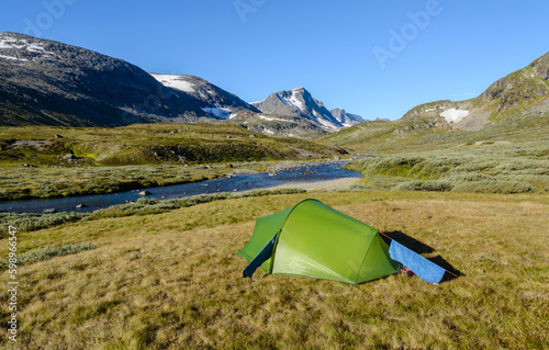 Zelt im Leirungsdalen, Jotunheimen Nationalpark, Norwegen