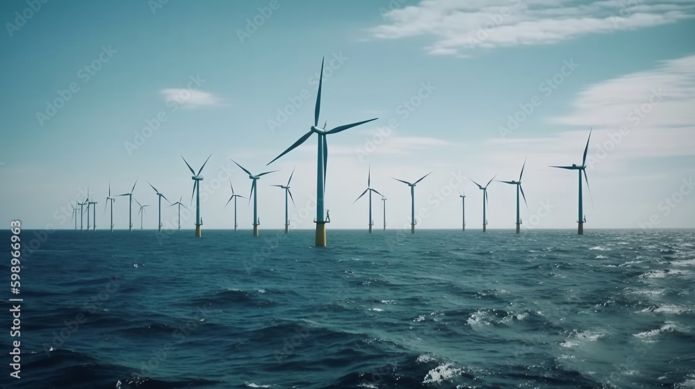 Clean Energy on the Horizon: Wind Turbines at Sea. Generative AI.