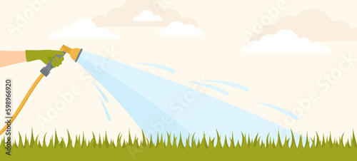 A hand in a rubber glove watering the lawn with the garden hose. Flat vector illustration