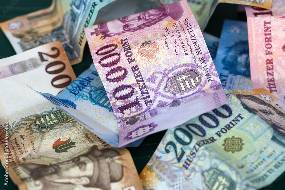 Obraz premium Hungarian forint money. Banknotes, all denominations, Bizness and Finance in Hungary