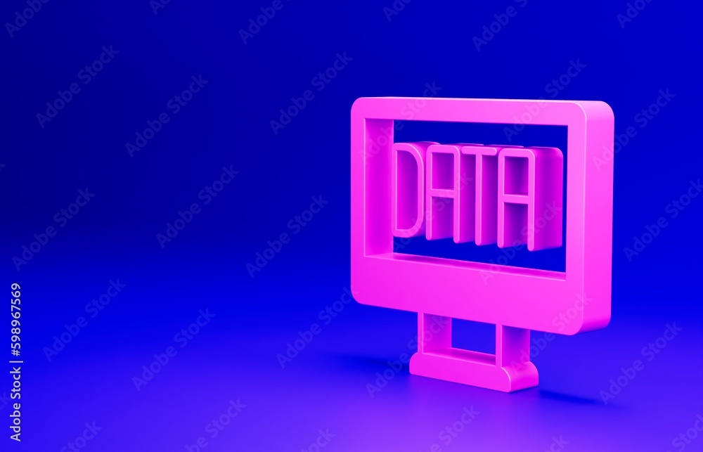 Pink Data analysis icon isolated on blue background. Business data analysis process, statistics. Charts and diagrams. Minimalism concept. 3D render illustration Pink Data analysis icon isolated on blue background. Business data analysis process, statistics. Charts and diagrams. Minimalism concept. 3D render illustration
