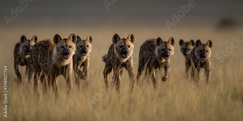 A pack of hyenas playfully chasing each other in the grasslands, concept of Animal Behavior, created with Generative AI technology Generative AI © koldunova