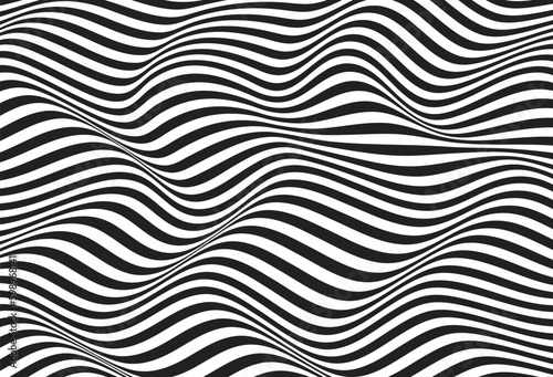 Wave of optical illusion. Abstract black and white illustrations. Horizontal lines stripes pattern or background with wavy distortion effect. © lesikvit