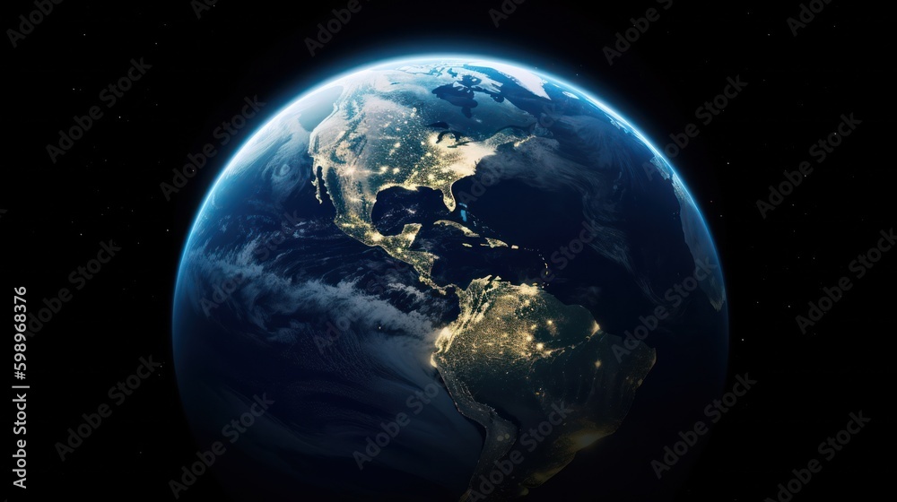 Planet Earth cutvature. Aerial view of blue planet from space. Sunrise over city lights. Generative AI